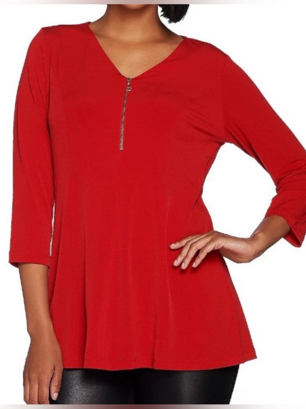 Susan Graver Liquid Knit Red V-Neck, 1/4 Zip Top